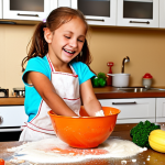 A vibrant kitchen scene filled with joy and controlled "chaos." A young child (around 4-6 years old) with a flour-dusted apron is happily mixing ingredients in a bowl, while colorful vegetables are being washed nearby. A parent is smiling, gently supervising, conveying a playful, hands-on learning environment.