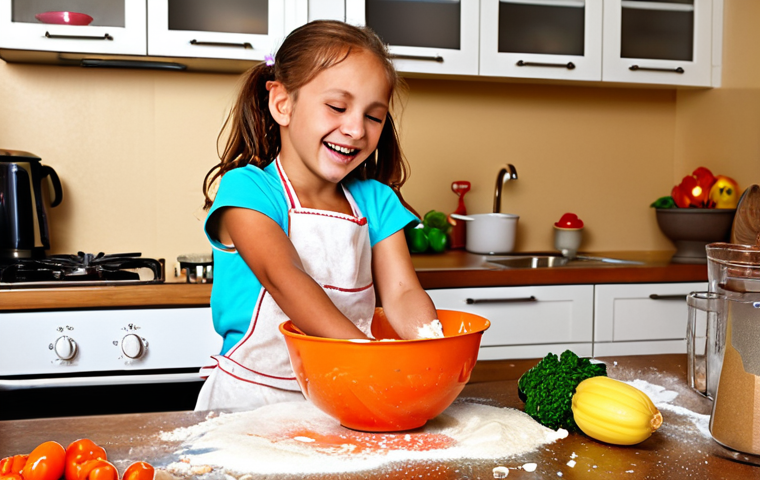 A vibrant kitchen scene filled with joy and controlled "chaos." A young child (around 4-6 years old) with a flour-dusted apron is happily mixing ingredients in a bowl, while colorful vegetables are being washed nearby. A parent is smiling, gently supervising, conveying a playful, hands-on learning environment.