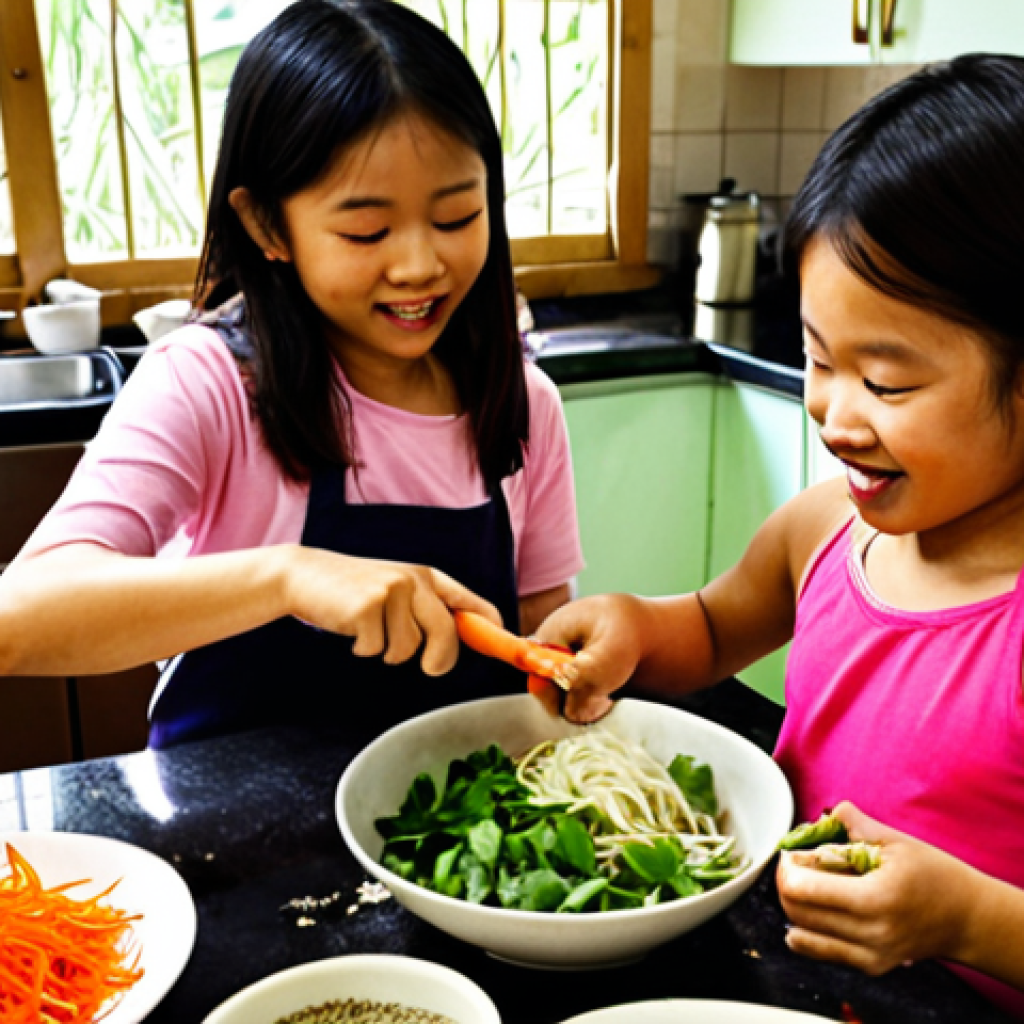 **Image:** A vibrant, bustling kitchen scene with a group of Vietnamese children (ages 8-12) joyfully cooking together. They are surrounded by fresh ingredients like rau thơm (Vietnamese herbs), colorful vegetables, and bowls of pho spices. One child is carefully chopping vegetables, another is stirring a pot, and a third is decorating a bánh (cake). The scene is warm and inviting, filled with natural light, showcasing teamwork and the joy of cooking. Focus on capturing the energy and cultural authenticity.