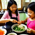 **Image:** A vibrant, bustling kitchen scene with a group of Vietnamese children (ages 8-12) joyfully cooking together. They are surrounded by fresh ingredients like rau thơm (Vietnamese herbs), colorful vegetables, and bowls of pho spices. One child is carefully chopping vegetables, another is stirring a pot, and a third is decorating a bánh (cake). The scene is warm and inviting, filled with natural light, showcasing teamwork and the joy of cooking. Focus on capturing the energy and cultural authenticity.