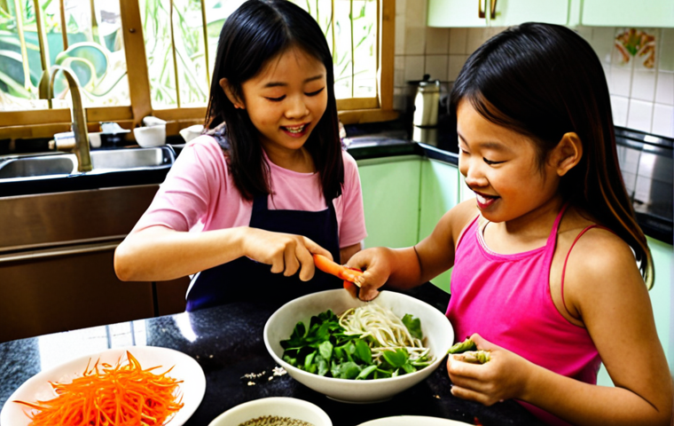 **Image:** A vibrant, bustling kitchen scene with a group of Vietnamese children (ages 8-12) joyfully cooking together. They are surrounded by fresh ingredients like rau thơm (Vietnamese herbs), colorful vegetables, and bowls of pho spices. One child is carefully chopping vegetables, another is stirring a pot, and a third is decorating a bánh (cake). The scene is warm and inviting, filled with natural light, showcasing teamwork and the joy of cooking. Focus on capturing the energy and cultural authenticity.