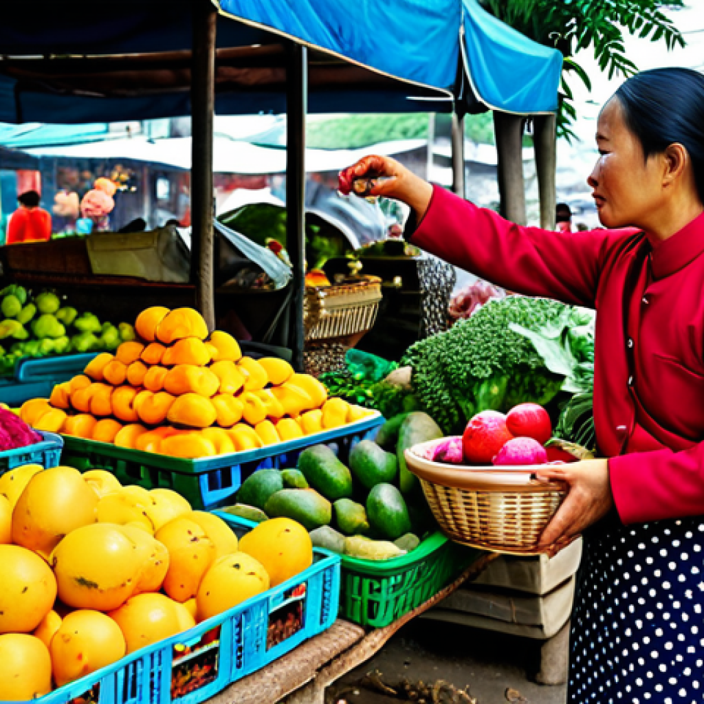 Fresh Market Scene**
"A vibrant morning market scene in Vietnam, overflowing with fresh, colorful produce. A mother, fully clothed in modest attire, carefully selects fruits and vegetables (like dragon fruit, mangoes, and leafy greens) for her baby's meals. Focus on the textures of the produce and the bustling atmosphere. Safe for work, appropriate content, family-friendly, perfect anatomy, correct proportions, natural pose, professional photography, high quality."
**