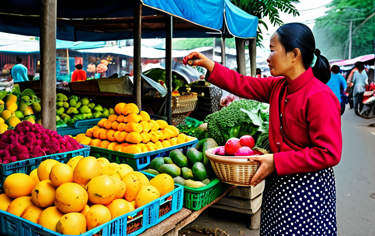 Fresh Market Scene**
"A vibrant morning market scene in Vietnam, overflowing with fresh, colorful produce. A mother, fully clothed in modest attire, carefully selects fruits and vegetables (like dragon fruit, mangoes, and leafy greens) for her baby's meals. Focus on the textures of the produce and the bustling atmosphere. Safe for work, appropriate content, family-friendly, perfect anatomy, correct proportions, natural pose, professional photography, high quality."
**