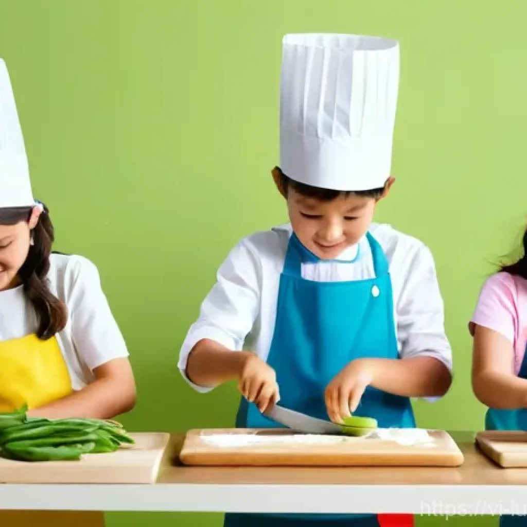 아동 요리 수업에서의 역할 놀이 - **Prompt:** A vibrant and bustling children's cooking classroom in Hanoi, Vietnam, filled with natur...