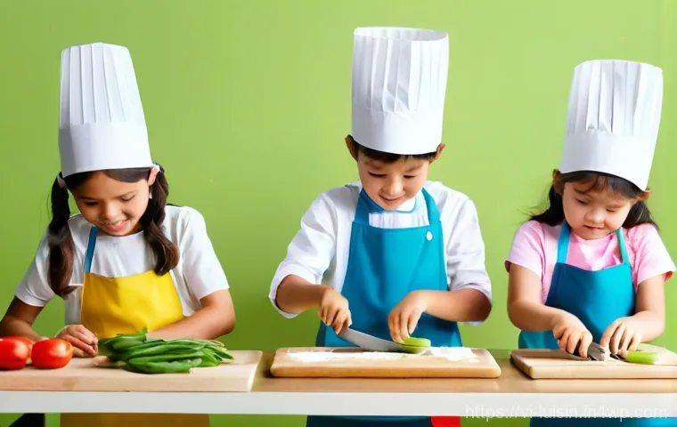 아동 요리 수업에서의 역할 놀이 - **Prompt:** A vibrant and bustling children's cooking classroom in Hanoi, Vietnam, filled with natur...