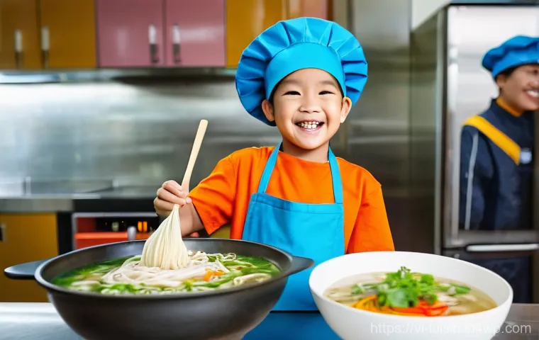 아동 요리 수업에서의 역할 놀이 - **Prompt:** A vibrant and bustling children's cooking classroom in Hanoi, Vietnam, filled with natur...