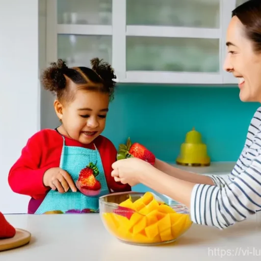 아이와 함께하는 건강한 간식 만들기 - **Prompt 1: A cheerful mother and her young child bonding in a bright, modern kitchen.** The mother,...