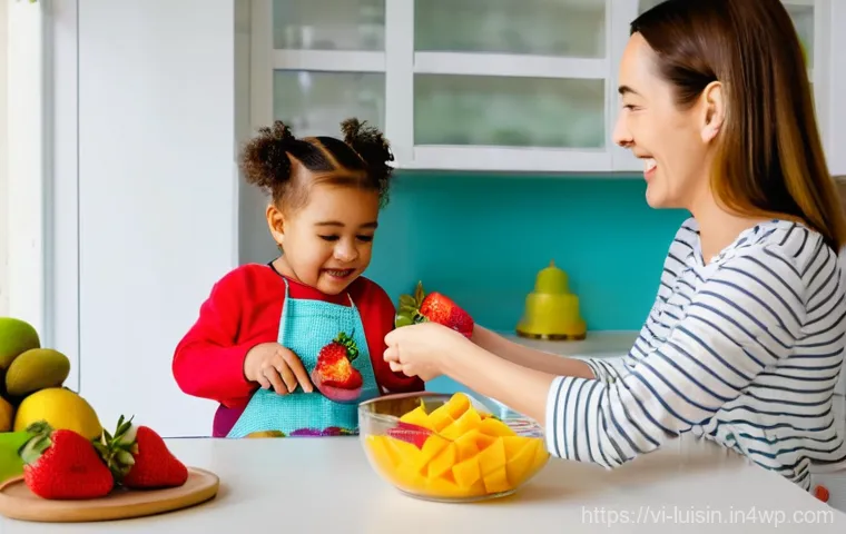 아이와 함께하는 건강한 간식 만들기 - **Prompt 1: A cheerful mother and her young child bonding in a bright, modern kitchen.** The mother,...