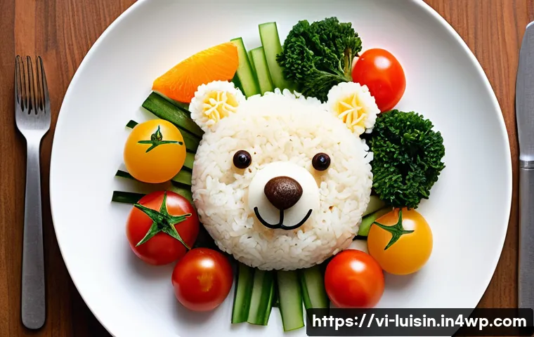 아동 요리에서의 창의적 레시피 개발 - **A Vibrant and Playful Mealtime Adventure.**
A close-up, brightly lit shot of a healthy, child-...