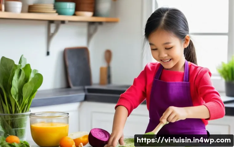 아동의 창의성 증진을 위한 요리 - A close-up, vibrant shot of a cheerful Vietnamese girl, approximately 6-8 years old, wearing a clean...