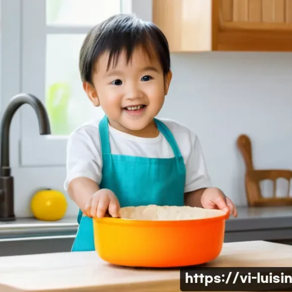 아동 요리 활동에서의 실패 극복 방법 - A cheerful Vietnamese child wearing a colorful apron and a diaper, standing on a small step stool in...