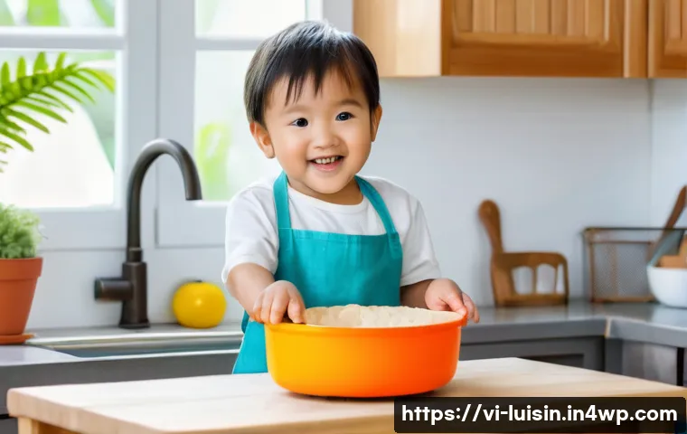 아동 요리 활동에서의 실패 극복 방법 - A cheerful Vietnamese child wearing a colorful apron and a diaper, standing on a small step stool in...
