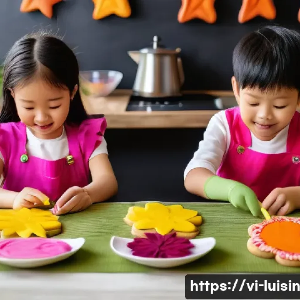 아동 요리에서의 기념일 요리 아이디어 - A cheerful scene of Vietnamese children wearing colorful, casual clothes and aprons, joyfully decora...