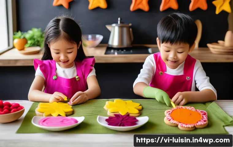 아동 요리에서의 기념일 요리 아이디어 - A cheerful scene of Vietnamese children wearing colorful, casual clothes and aprons, joyfully decora...