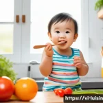 Home 21 아동의 요리 감각 발달 과정 - A cheerful Vietnamese toddler wearing a colorful diaper, exploring a kitchen filled with fresh ingre...