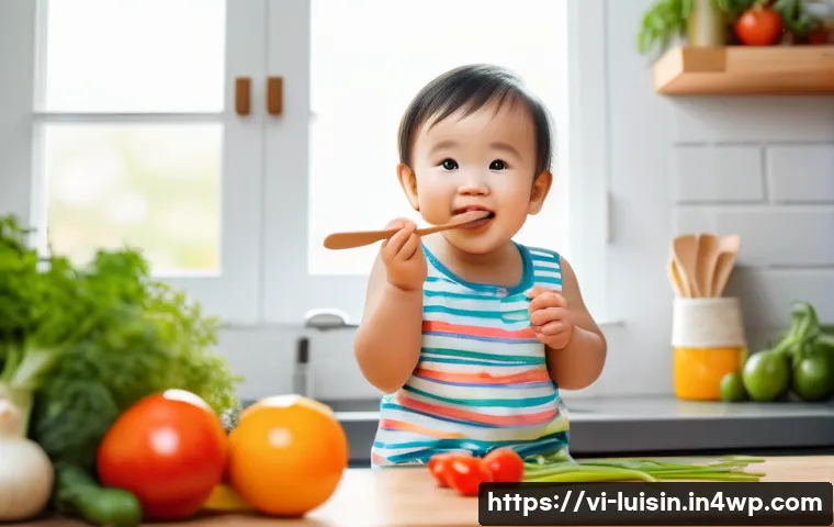 아동의 요리 감각 발달 과정 - A cheerful Vietnamese toddler wearing a colorful diaper, exploring a kitchen filled with fresh ingre...