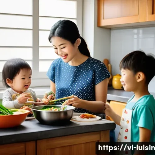 Home 32 주기적 요리 평가의 중요성 - A warm, inviting family kitchen scene in a Vietnamese household, featuring a mother and two children...