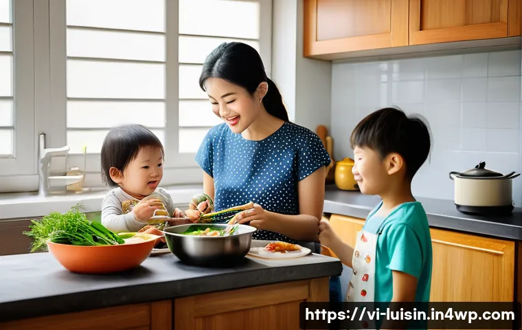 주기적 요리 평가의 중요성 - A warm, inviting family kitchen scene in a Vietnamese household, featuring a mother and two children...