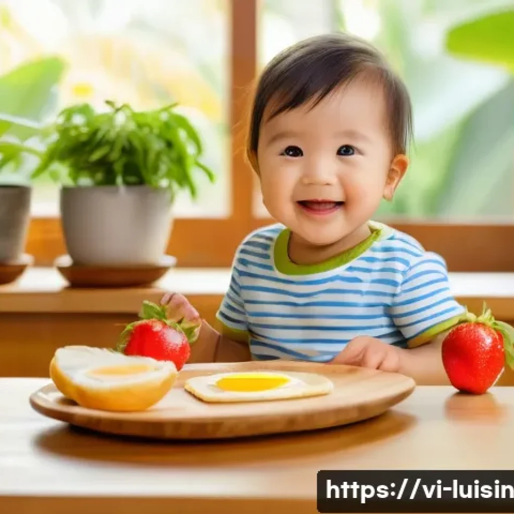 아이와 함께하는 간단한 아침식사 만들기 - A bright and cozy Vietnamese kitchen scene featuring a cheerful toddler wearing a colorful diaper si...