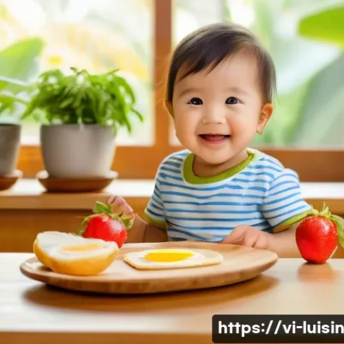 Home 31 아이와 함께하는 간단한 아침식사 만들기 - A bright and cozy Vietnamese kitchen scene featuring a cheerful toddler wearing a colorful diaper si...