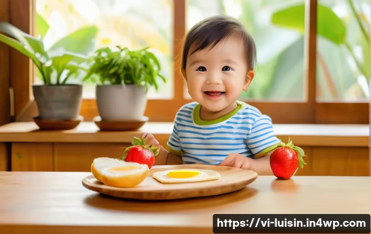 아이와 함께하는 간단한 아침식사 만들기 - A bright and cozy Vietnamese kitchen scene featuring a cheerful toddler wearing a colorful diaper si...