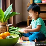 Home 18 아동의 요리 흥미 유도하기 위한 방법 - A vibrant and colorful educational play scene featuring a young Vietnamese child wearing casual clot...