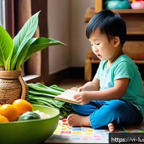 Home 30 아동의 요리 흥미 유도하기 위한 방법 - A vibrant and colorful educational play scene featuring a young Vietnamese child wearing casual clot...