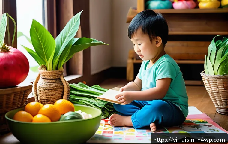 아동의 요리 흥미 유도하기 위한 방법 - A vibrant and colorful educational play scene featuring a young Vietnamese child wearing casual clot...