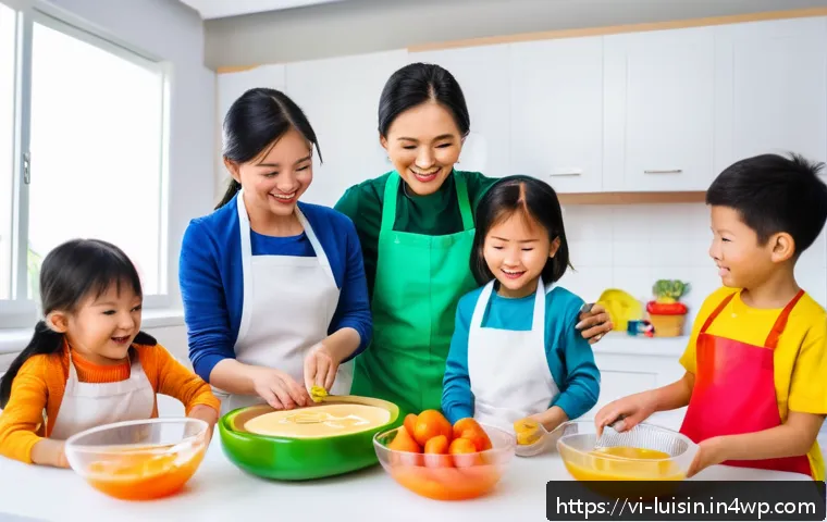 아동 요리 프로그램 운영하기 - A colorful, child-friendly cooking class scene set in a bright, safe kitchen designed for young chil...