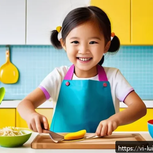 Home 16 아동의 요리 실습을 돕는 팁 - A bright and cheerful children's kitchen corner designed for Vietnamese kids, featuring colorful ute...