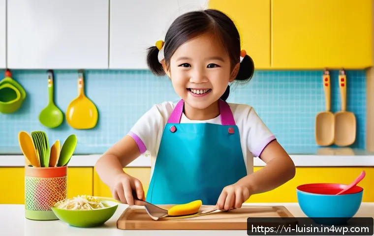 아동의 요리 실습을 돕는 팁 - A bright and cheerful children's kitchen corner designed for Vietnamese kids, featuring colorful ute...