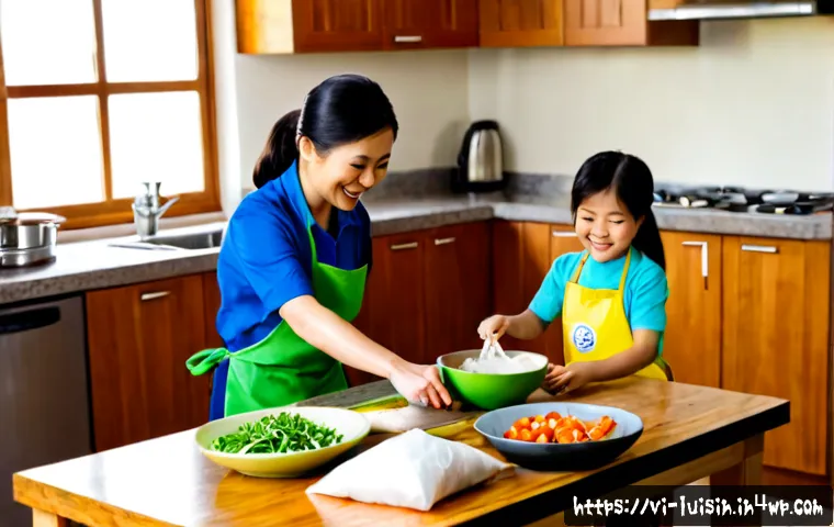 아동과 함께하는 요리 블로그 만들기 - Photorealistic Vietnamese family cooking scene, a smiling parent and two school-age children wearing...