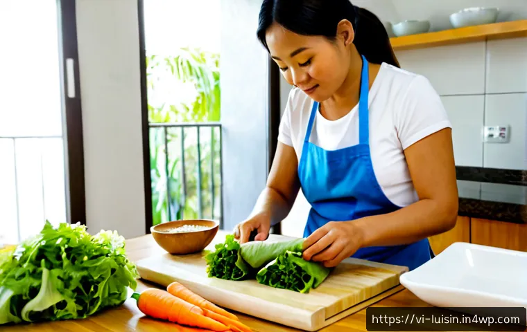 Home 17 아이와 함께 만드는 저녁 식사 아이디어 - Photorealistic Vietnamese mother and young child preparing fresh vegetable spring rolls together in ...